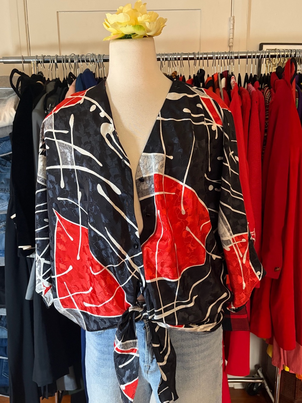 Vintage Women’s Black & Red Tie-Front Blouse